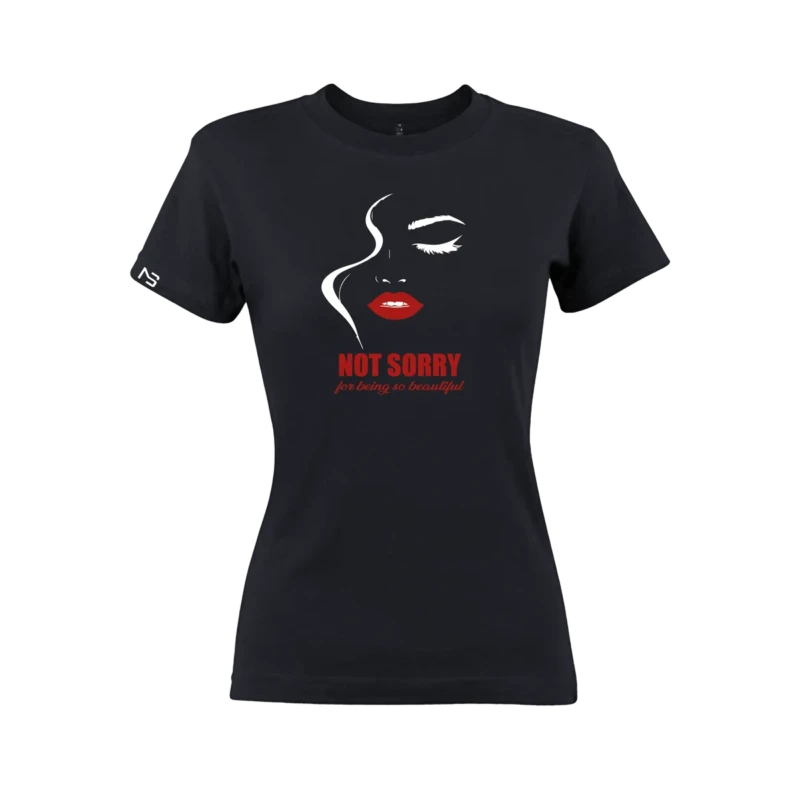Black women’s NOT SORRY t-shirt with the red lips graphic