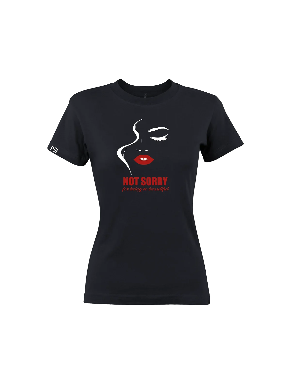 Black women’s NOT SORRY t-shirt with the red lips graphic